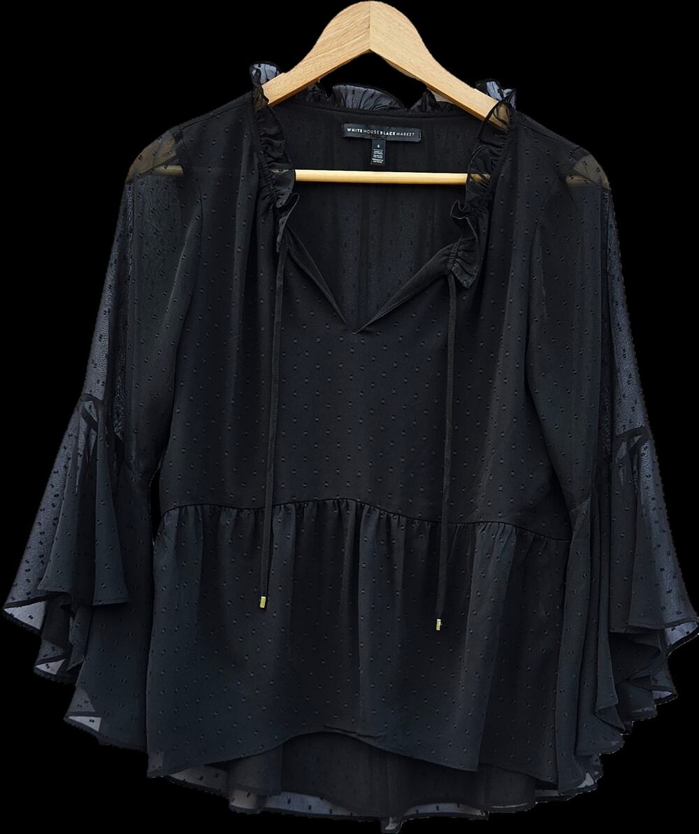 White House Black Market 4 Black Clip Dot Peplum Blouse Bell Sleeve Tie Neck